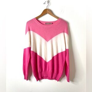 Brodie Cashmere Pink & Cream Chevron Cashmere Crewneck Sweater